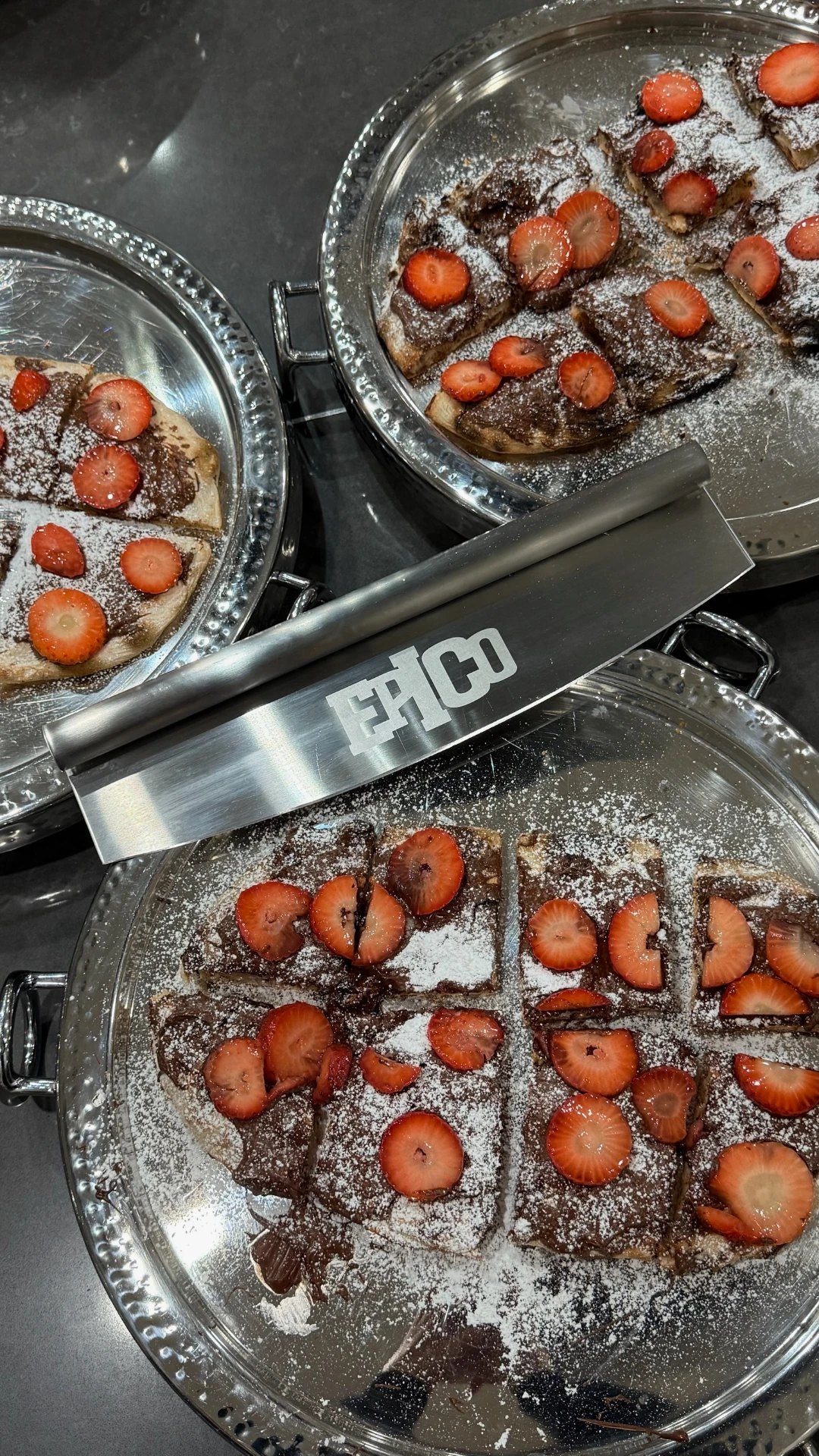 Dessert Pinsa Romana with chocolate spread and strawberries
